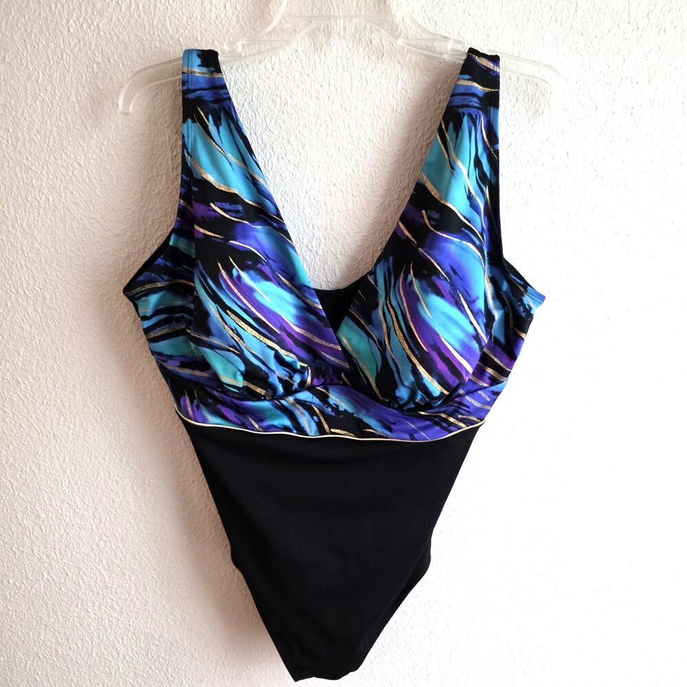Longitude One Piece Swimsuit Womens Size 14 v neck Blue Black Gold